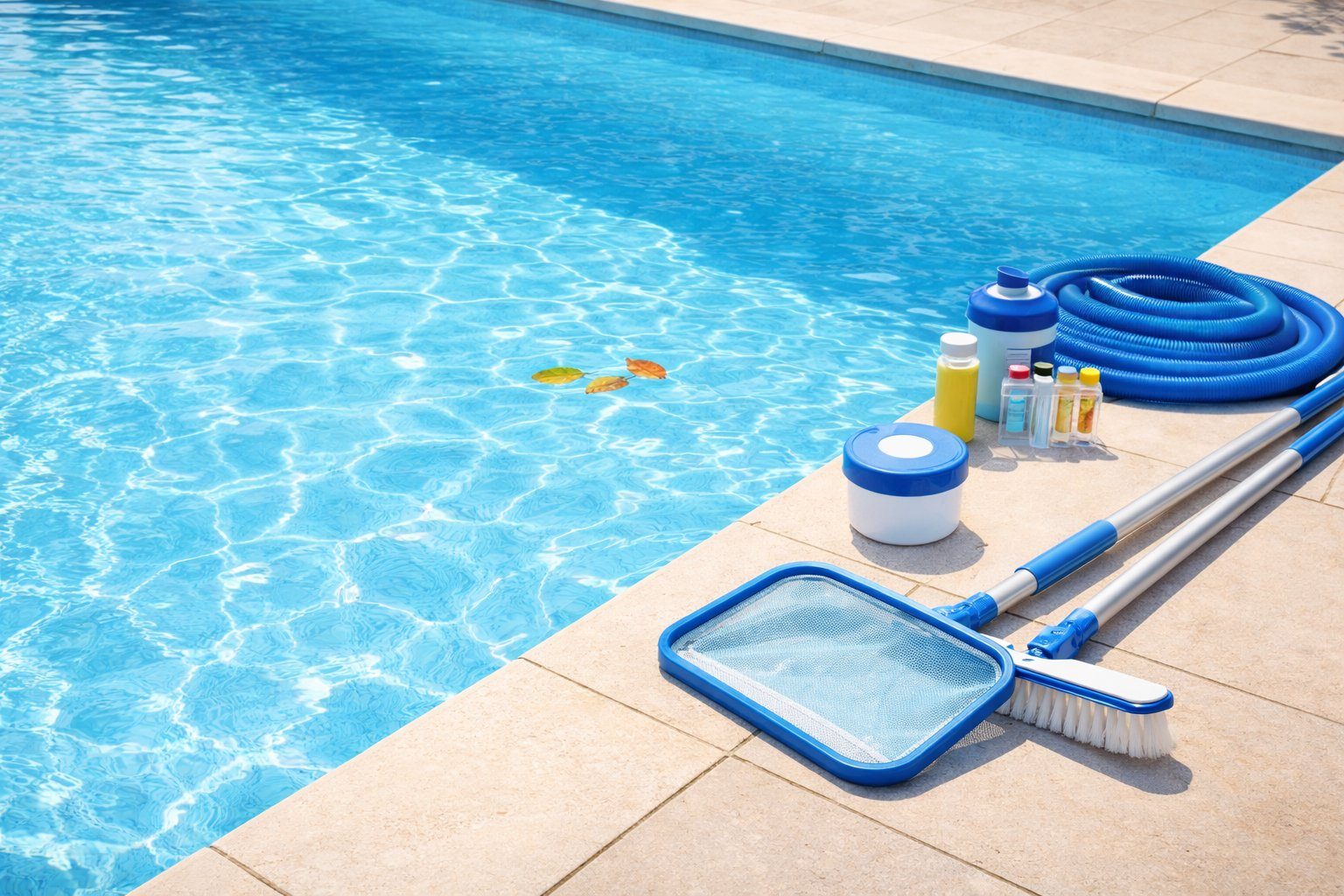 A technician skimming the surface of a backyard swimming pool